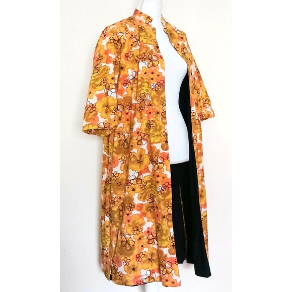 Vtg Hawaiian Barkcloth Handmade Midi Coat Gold Coral Floral Elbow  Sleeve Sz M - Picture 15 of 16